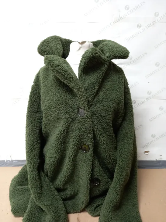 CENTIGRADE TEDDY LONGLINE COAT IN BOTTLE GREEN SIZE LARGE 