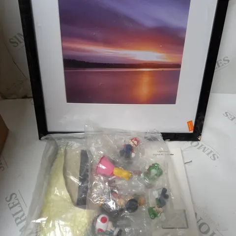 BOX OF ASSORTED ITEMS - TO INCLUDE - SUN SET PICTHER / SUPER MARIO TOYS / LIGHTING AV ADAPTER 