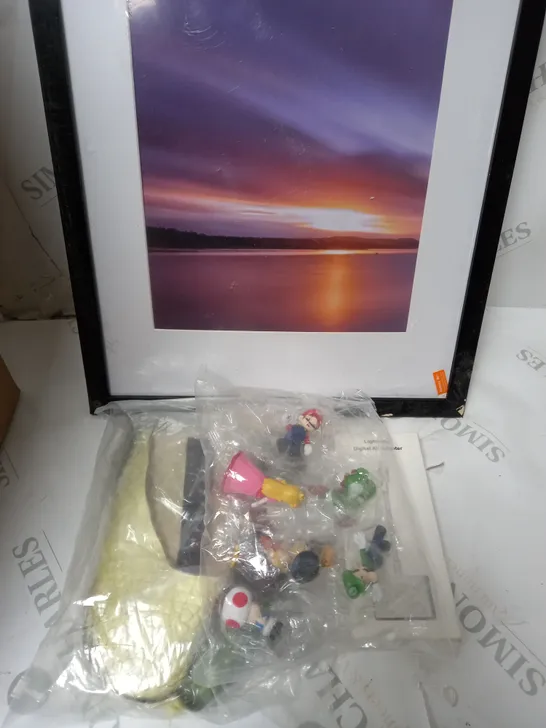 BOX OF ASSORTED ITEMS - TO INCLUDE - SUN SET PICTHER / SUPER MARIO TOYS / LIGHTING AV ADAPTER 