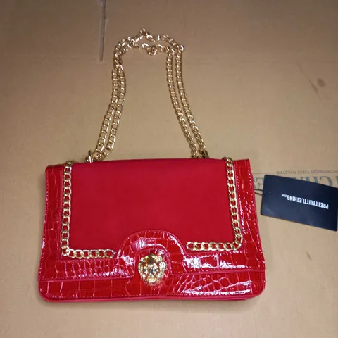 PRETTYLITTLETHING SCARLET PATENT AND VELVET CONTRAST LION HEAD CROSS BAG - RED 