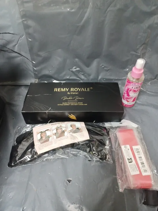 APPROXIMATELY 10 ASSORTED COSMETIC PRODUCTS TO INCLUDE HAIR PIECES AND HAIR CARE PRODUCTS ETC. 