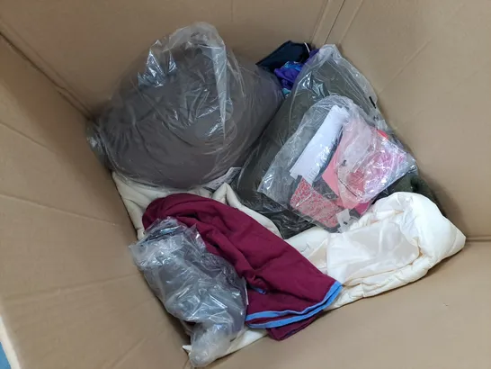 LARGE BOX OF ASSORTED CLOTHING TO INCLUDE COATS, SWEATERS AND PANTS, ETC