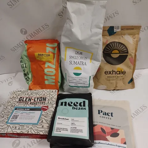8 X ASSORTED COFFEE PRODUCTS TO INCLUDE EXHALE ORGANIC DECAF, NEED BEANS, GLEN LYON COFFEE ROASTERS ETC 