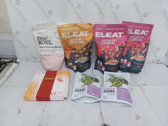 ASSORTED FOOD TOTE TO INCLUDE ELEAT CEREAL, VEGAN PROTEIN BLEND, AND SUPERHERB TEA ETC. 