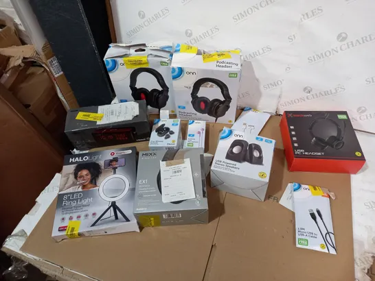 LOT OF APPROXIMATELY 11 ASSORTED ELECTRICAL ITEMS TO INCLUDE BLACKWEB HEADSET, ONN SPEAKERS, HALO LOIGHT ETC