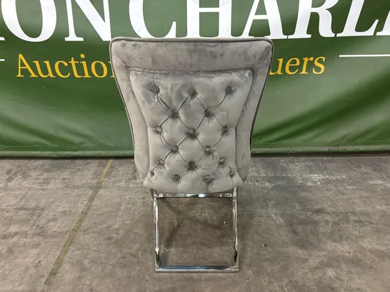 DESIGNER GREY VELVET CHAIR WITH CHROME METAL LEGS