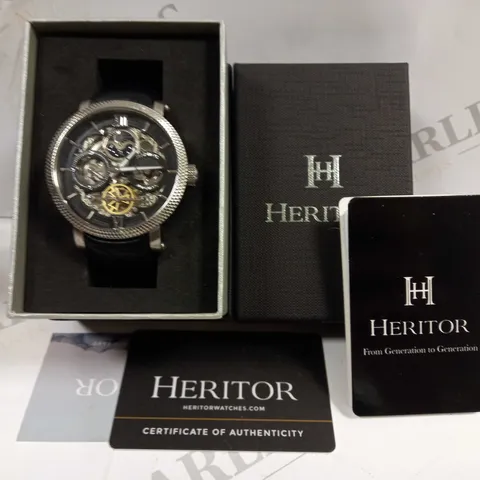 BOXED HERITOR EXPOSED FACE STAINLESS STEEL AUTOMATIC SUN AND MOON WATCH WITH BLACK LEATHER STRAP