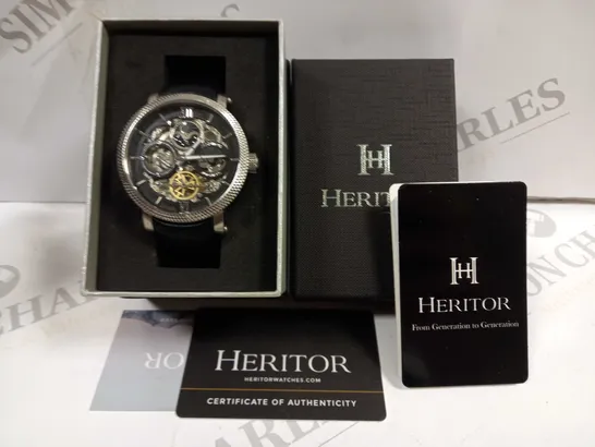 BOXED HERITOR EXPOSED FACE STAINLESS STEEL AUTOMATIC SUN AND MOON WATCH WITH BLACK LEATHER STRAP