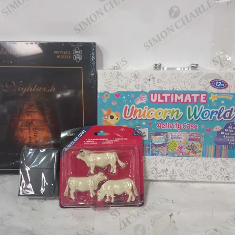 BOX OF APPROXIMATELY 20 ASSORTED TOYS AND GAMES TO INCLUDE ULTIMATE UNICORN WORLD ACTIVITY CASE, TOMY CHAROLAIS COWS, ULTR-PRO DECK BOX, ETC