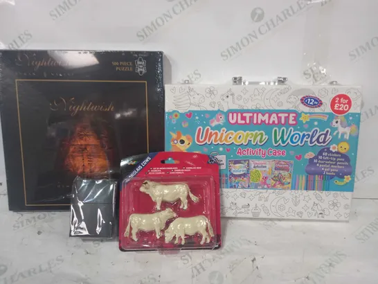 BOX OF APPROXIMATELY 20 ASSORTED TOYS AND GAMES TO INCLUDE ULTIMATE UNICORN WORLD ACTIVITY CASE, TOMY CHAROLAIS COWS, ULTR-PRO DECK BOX, ETC