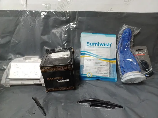 BOX OF APPROXIMATELY 8 ASSORTED ITEMS TO INCLUDE - SPOKEY SPOKE WRENCH , COLD COMPRESS BAG , BAKHOOR BURNER ETC