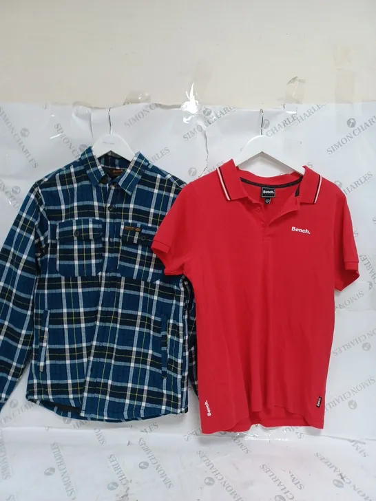 BENCH SMALL CHECK BLUE JACKET, AND BENCH RED MEDIUM POLO