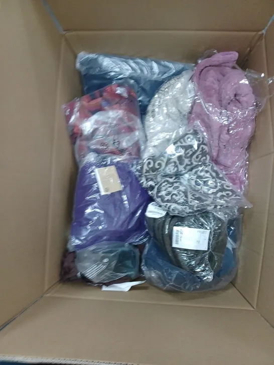 BOX OF ASSORTED CLOTHING ITEMS TO INCLUDE SKIRTS, JUMPSUITS, DRESSES ETC