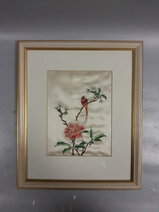 FRAMED EMBROIDERED BIRD & FLOWERS PICTURE	