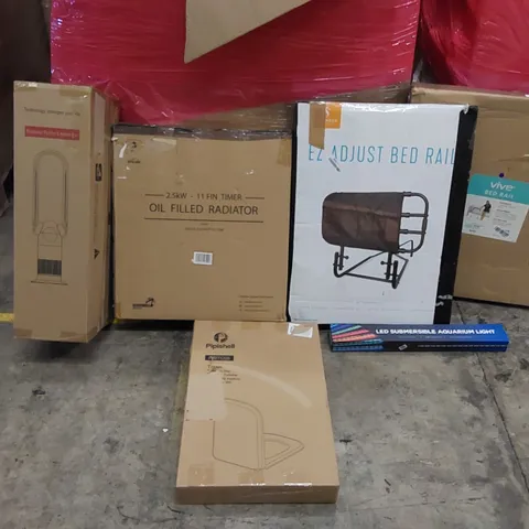 PALLET OF ASSORTED ITEMS INCLUDING: BLADELESS PURIFIER & HEATER FAN, OIL FILLED RADIATOR, BED RAILS, LED AQUARIUM LIGHT