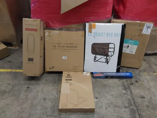 PALLET OF ASSORTED ITEMS INCLUDING: BLADELESS PURIFIER & HEATER FAN, OIL FILLED RADIATOR, BED RAILS, LED AQUARIUM LIGHT