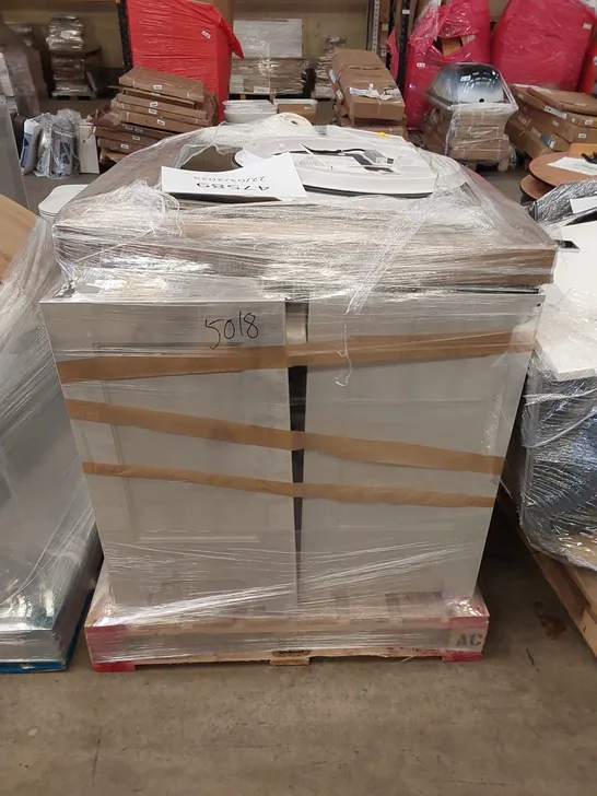 PALLET OF ASSORTED BATHROOM PRODUCTS. INCLUDING MIRROR, VANITY BASINS, BATHROOM FURNITURE ETC