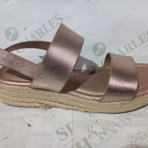 BOXED PAIR OF DUNE WEDGE SANDALS IN ROSE GOLD COLOUR SIZE UNSPECIFIED