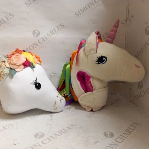 2 ASSORTED SOFT TOY HEADS TO INCLUDE; M-CRO UNICORN AND BIRDIE AND MUG MOUSE