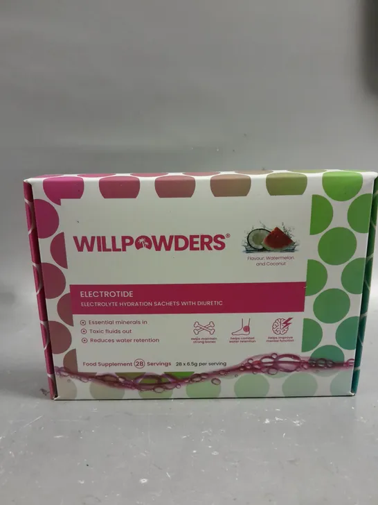 BOXED WILLPOWDERS ELECTROTIDE HYDRATION SACHETS - WATERMELON & COCONUT - 28 X 6.5G