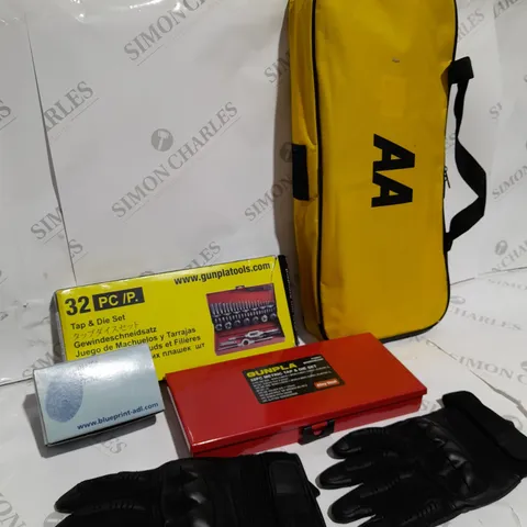 BOX OF APPROXIMATELY 10 ITEMS TO INCLUDE BIKER GLOVES, AA TRAVEL KIT, TAP & DIE SET ETC