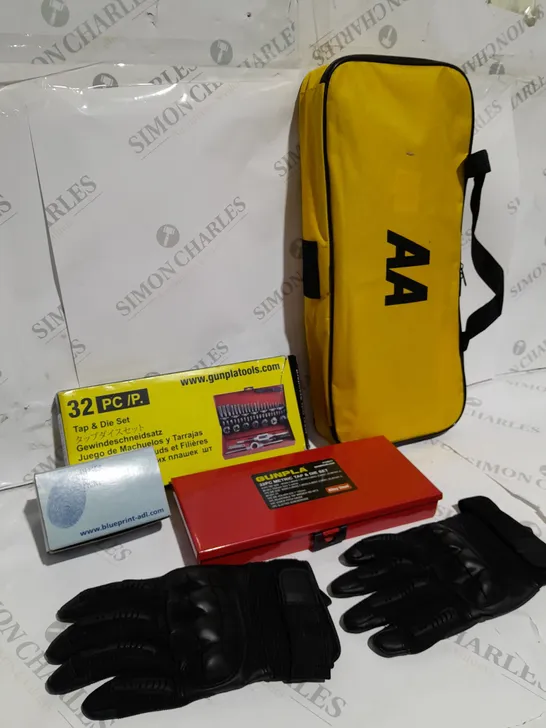 BOX OF APPROXIMATELY 10 ITEMS TO INCLUDE BIKER GLOVES, AA TRAVEL KIT, TAP & DIE SET ETC