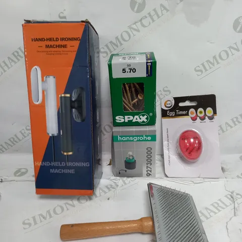 BOX OF APPROXIMATELY 10 ASSORTED ITEMS TO INCLUDE - EGG TIMER, IRONING MACHINE, METAL BRUSH ETC