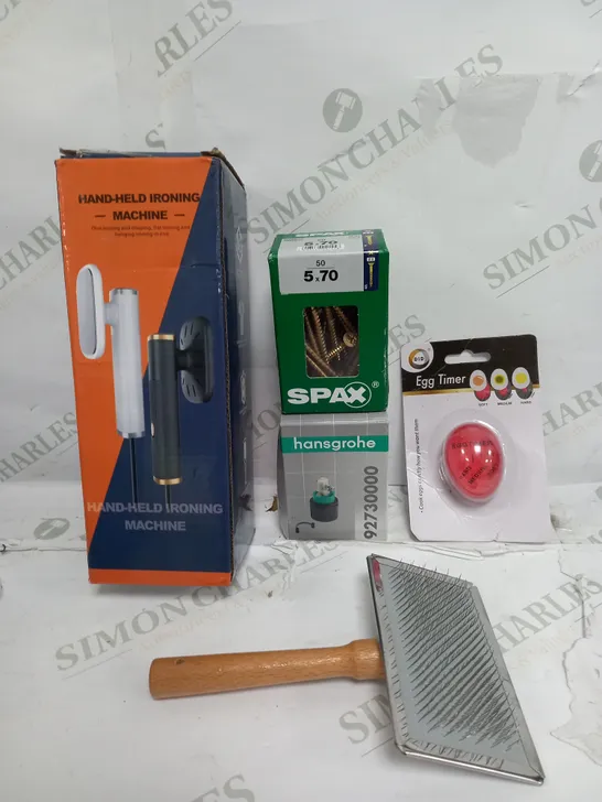 BOX OF APPROXIMATELY 10 ASSORTED ITEMS TO INCLUDE - EGG TIMER, IRONING MACHINE, METAL BRUSH ETC