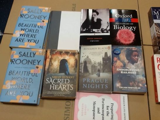LOT OF ASSORTED BOOKS TO INCLUDE KEN FOLLETT, DICTIONARY OF BIOLOGY AND SACRED HEARTS