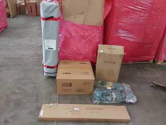 PALLET OF ASSORTED CONSUMER GOODS AND FURNITURE PRODUCTS TO INCLUDE; CANOPY TENT, CEILING FAN, CARRY-ON SUITCASE, RUGS, CLOTHES DRYING RACK ECT.