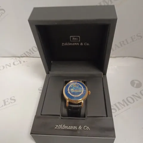 MENS ZIHLMANN & CO AUTOMATIC WATCH – Z150 – MOONPHASE DIAL – GLASS EXHIBITION BACKCASE - SILVER COLOUR CASE – BLACK LEATHER STRAP