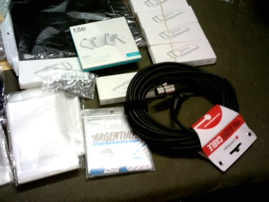 SMALL BOX OF ASSORTED ITEMS INCLUDING PRO AUDIO CABLE, MEDICAL SODIUM, TILE MATE 4 PACK TRACKING DEVICE