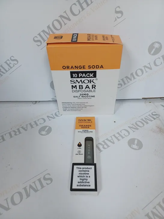 BOX OF APPROXIMATELY 10 BOXES OF ORANGE SODA 10 PACK SMOK M BAR DISPOSABLE 20MG SALT NICOTINE