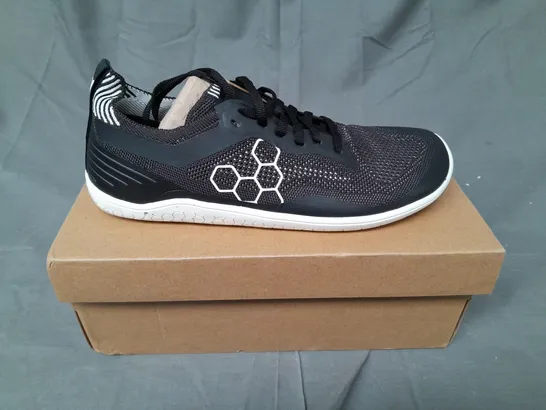 BOXED PAIR OF VIVO BAREFOOT TRAINERS IN BLACK SIZE EU 43