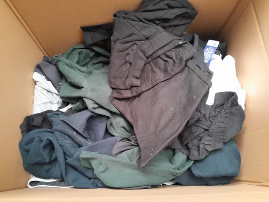 LARGE BOX OF ASSORTED SPORTS CLOTHING ITEMS IN VARIOUS SIZES, COLOURS AND STYLES