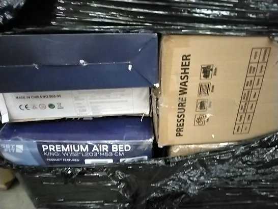 PALLET OF ASSORTED ITEMS INCLUDING EONBON BREAD MAKER, PRESSURE WASHER, GETFIT PREMIUM KING AIR BED, TIKKLE, ELECTRIC SCORING TARGET