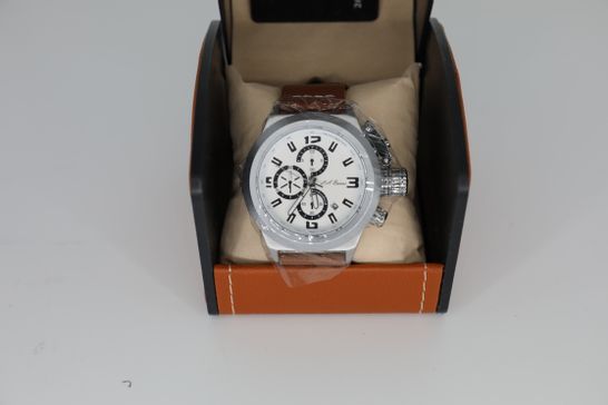 BRAND NEW BOXED MEN’S LA BANUS CHRONOGRAPH WATCH, SCREW IN CROWN. BROWN LEATHER STRAP RRP £599