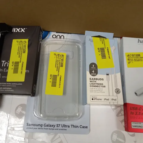 BOX OF APPROXIMATELY 20 ASSORTED HOUSEHOLD ITEMS TO INCLUDE HAMA USB-C ADAPTER TO AUDIO JACK, MIXX TRIBUTE IN EAR EARPHONES, ONN SAMSUNG GALAXY S7 ULTRA THIN CASE, ETC