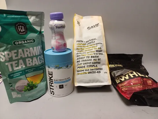 BOX OF APPROX 10 ASSORTED FOOD ITEMS TO INCLUDE - GOLD STANDARD WHEY RICH CHOCOLATE - STRIKE ELECTROLYTE - SPEARMINT TEA BAGS ECT