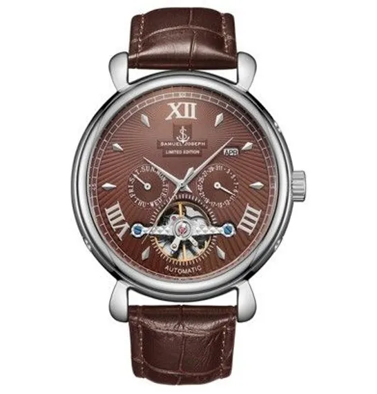 SAMUEL JOSEPH LIMITED EDITION AUTOMATIC DESIGNER BROWN LEATHER STRAP WRISTWATCH