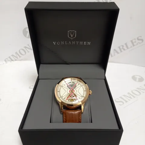 MENS VONLANTHEN AUTOMATIC WATCH – SILVER AND RED TEXTURED DIAL – ROSE GOLD COLOUR CASE - GLASS EXHIBITION BACKCASE – TAN LEATHER STRAP