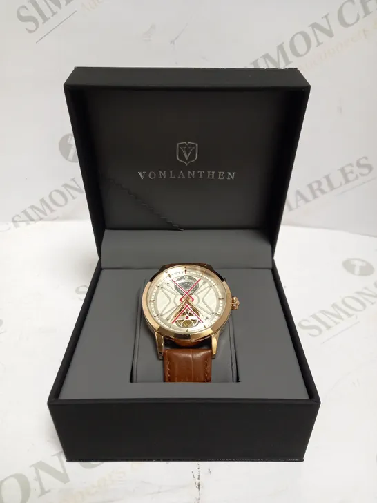 MENS VONLANTHEN AUTOMATIC WATCH – SILVER AND RED TEXTURED DIAL – ROSE GOLD COLOUR CASE - GLASS EXHIBITION BACKCASE – TAN LEATHER STRAP