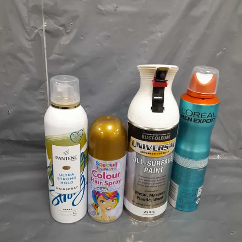 APPROXIMATELY 12 ASSORTED AEROSOLS TO INCLUDE , L'OREAL BODY SPRAY , ALL SURFACE PAINT , ULTRA STRONG HAIRSPRAY , ETC 