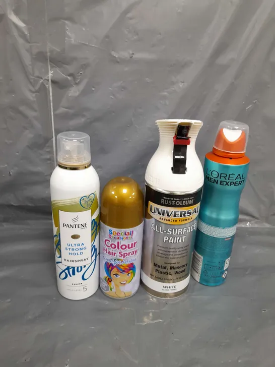 APPROXIMATELY 12 ASSORTED AEROSOLS TO INCLUDE , L'OREAL BODY SPRAY , ALL SURFACE PAINT , ULTRA STRONG HAIRSPRAY , ETC 