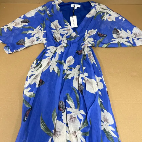 URBAN TOUCH FLORAL PRINT ELASTICATED WAIST MIDI DRESS IN BLUE SIZE 16