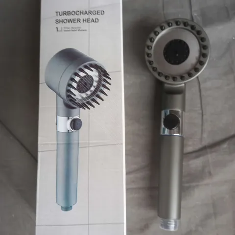 BOXED TURBOCHARGED HIGH PRESSURE SHOWER HEAD IN GREY