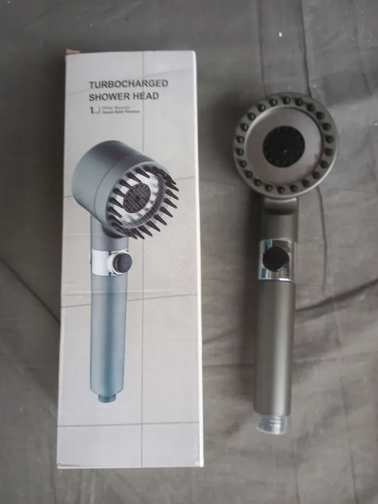 BOXED TURBOCHARGED HIGH PRESSURE SHOWER HEAD IN GREY