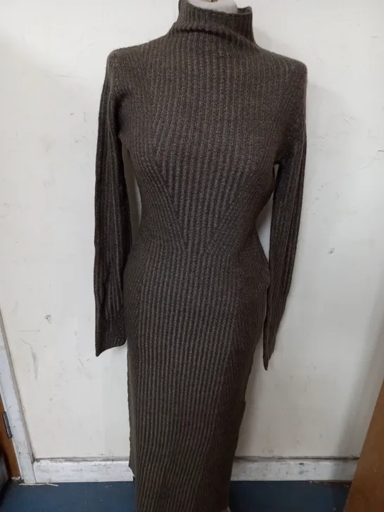 TOPSHOP KNIT FITTED DRESS IN BROWN - UK S