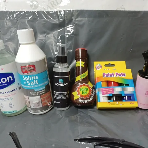 BOX OF APPROXIMATELY 12 ASSORTED ITEMS TO INCLUDE - PAINT POTS , BABY BIO HOUSEPLANT FOOD , SPIRITS SALT ETC