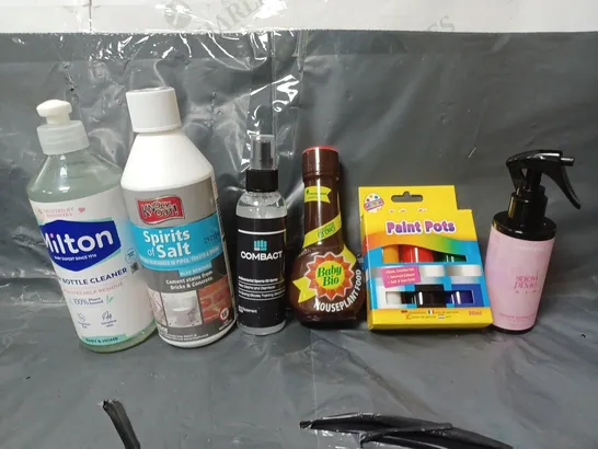 BOX OF APPROXIMATELY 12 ASSORTED ITEMS TO INCLUDE - PAINT POTS , BABY BIO HOUSEPLANT FOOD , SPIRITS SALT ETC